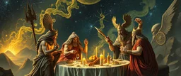 a myrriad and a star golem feast with greek gods