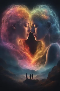 heart-shaped, electrifying, close-up, Head and shoulders portrait of Adam and Eve, double exposure shadow of the ghost, Invisible, extremely colorful, multicolored lightning, outer space, planets, stars, galaxies, fire, explosions, smoke, volcanic lava, craggy mountain peaks in the background, 32k UHD, 1080p, 1200ppi, 2000dpi, digital photograph