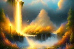 golden waterfall falling from clouds from heaven on meadow, hyper detailed, digital painting, elegant, centered, detailed, neon signs, 8k, shining, heaven