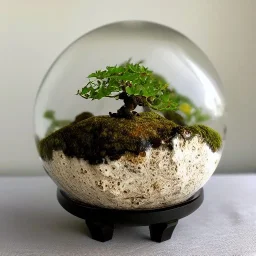 exquisite maple bonsai terrarium in a glass orb, petrified wood, pebbles, dewdrops, warm lighting, linen backdrop