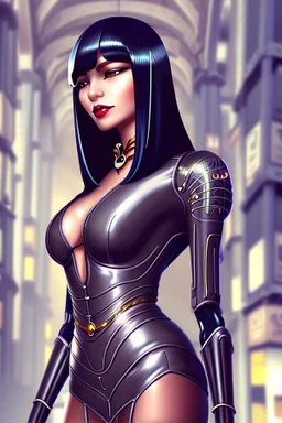 full body picture of a woman with a bob, a fringe hairstyle, Cleopatra clothing futuristic steampunk, city background