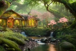 Magical fantasy elven cafe forest rivendell tree flower pink green yellow beautiful nature river waterfall