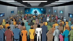 photo from the futuristic waiting room of a studio, a large crowd waits in a giant room. the aliens mutant humans, strange fantastical creatures, droids, and a few human-like beings of all sizes, colors, shaped and looks, stand in the crowd. high detalied, sharp focus, photorealistic, sci-fi style Professional photography, bokeh, natural lighting, canon lens, shot on dslr 64 megapixels , perfect shot