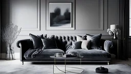 Living room interior with gray velvet sofa,