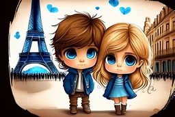 cute brown haired brown eyed mexican chibi boy and a blonde blue eyed chibi girl in love in Paris