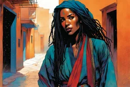 create an imaginative full body illustration of a Tuareg female, in traditional dress, with finely detailed facial features, short dreadlock hair, in the backstreets of Marrakech, in the comic book art style of Bill Sienkiewicz, Mike Mignola, and Jean Giraud Moebius, finely textured, drawn, colored, and inked