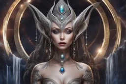 Realistic picture. alien gir l elf.With From Diamond hair .Decorative dress for the body. . Dawad is decorated. Cosmic skin. skin void. Hello elements. Spiritual energy..It stands on an ashes of radiant glass, buildings and moon waterfalls. And planets