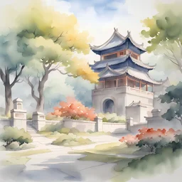 chinese-style watercolor painting of a campus surround by trees, trending on artstation, bloom, in a distance