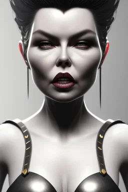 Kim Wilde as evil queen in black leather, leather, busty, cleavage, angry, stern look. character design by cory loftis, fenghua zhong, ryohei hase, ismail inceoglu and ruan jia. unreal engine 5, artistic lighting, highly detailed, photorealistic, fantasy