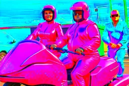 Hyperrealistisch stämmige, üppige Frau völlig verhüllt von pinkfarben glänzendem Ganzkörper-Zentai mit geschlossenem Visier in pinkfarbenem, geschlossenem Helm steuert pinkfarbenen Elektroroller mit extrem fettem Mann in identischer Kleidung als Beifahrer hinter sich