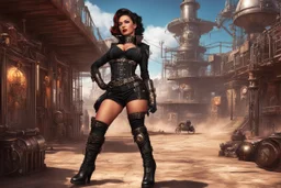 photorealistic exotic sci-fi steampunk pin-up girl in black boots, in a futuristic sci-fi wild west town