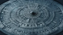 Ancient wheel of knowledge; hieroglyphics, symbolism, dystopian, elegant, fantastical, intricate, hyperdetailed, holographic, magnificent, meticulous, mysterious, ominous