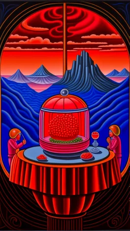 full shot of happy dandys eating cherries in a floating glass dome, dreamlike atmosphere, in the background the landscape burns like hell, in the style of juan gris