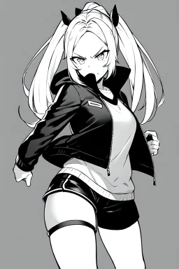 blonde girl with ponytails dressed in a jacket and shorts walks angry, greyscale