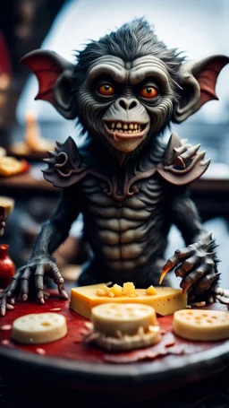 full body portrait of a vampire werewolf gremlin gargoyle monkey eating cheese doodles and the blood of fish on a viking ship, in the style of Giger,bokeh like f/0.8, tilt-shift lens 8k, high detail, smooth render, down-light, unreal engine, prize winning