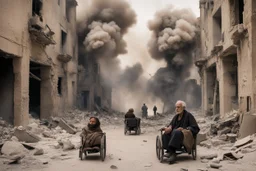 10 bloody elders in with sad dogs in wheelchairs trying to escape from falling bombs in a ruined city in Palestina, smoke and fire and explosions