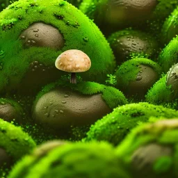 microphotography mushroom growing in a mossy dense lush green woods, high definition, detail, HD, 8k, realistic, 3d rendering, blender, photography, fisheye, bulge, tilt shift blur