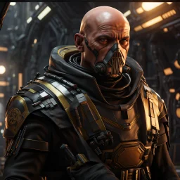 star wars bald male corellian pilot wearing pearlescent black and gunmetal grey First Order special forces heavy assault stealth commando armor and helmet with gold trim inside the jedi temple, hyperdetailed, dynamic lighting, hyperdetailed background, 8k resolution, volumetric lighting, light skin, fully symmetric details