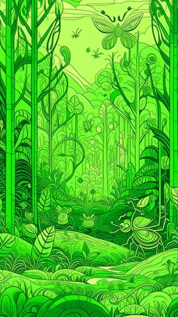 A lime green forest with insects in Art Nouveau art style