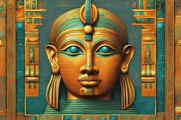 psychedelic collage Egyptian hieroglyphics in teal, orange, and yellow colors in the illustrated style of Alex Grey