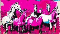 A magenta dominion with unicorns painted by Andy Warhol