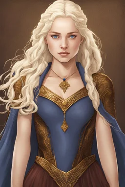 Maegelle Targaryen, aged 16, epitomizes Targaryen allure with her golden locks and sapphire eyes. Despite her royal lineage, her demeanor exudes youthful innocence and curiosity. She boasts a slender frame adorned with delicate features, framed by cascading golden hair. Her sapphire-blue eyes reflect wisdom beyond her years, contrasting with her porcelain skin and high cheekbones. Style romanticism