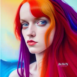 Photo of a gorgeous young lena katina, beautiful face, multi-hued red hair; in the style of martine johanna, draped in flowing fabric,riding a horse, colorful energetic brush strokes, realistic, sharp focus, 8k high definition, insanely detailed, intricate, elegant, art by martine johanna and artgerm