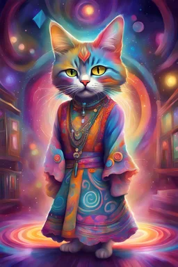 a digital painting of a colorful cat in bohemian dress, in a surreal nightclub with swirling lights, hypnosis, detailed, whimsical, storybook, bold lines, vibrant, musical