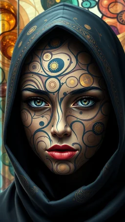 A digital artwork of hooded women face adorned with intricate patterns and designs. The figure's face is covered in swirling lines, circles, and other abstract patterns in hues of mocha, navy and gold. Her head is hooded ,The background is a colorful glass , with abstract patterns that complement the figure's design. The overall ambiance of the image is dreamy and surreal.