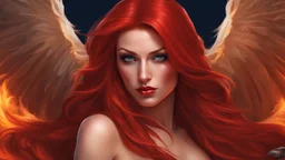 female sorcerer. face of a playboy model. Dressed in blood red small wicked weasel . Copper red hair. Perfect dark blue eyes. no jewelry. seductive. Hyperrealistic, splash art, concept art, mid shot, intricately detailed, color depth, dramatic, 2/3 face angle, side light, colorful background. the naked truth.