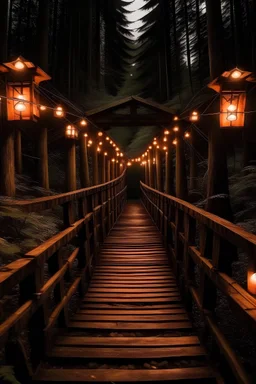 A wooden bridge in the forest at night with fire lanterns on each side