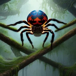 closeup on spider with big spider web ,wooden bridge in magical forest, spray painting, foliage frame, fantasy art , movie poster, Realistic photography, incredibly detailed, ultra high resolution, 8k, complex 3d render, cinema 4d, color corrected