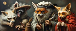 master oil painting with some air brush, fluffy human hyena fox merchant sailor priest racoon gremlin realistic and creepy, straight from the lich lab, in the style of Escher and Titian