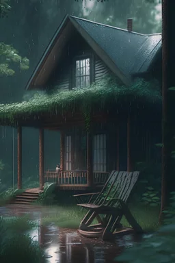 A cottage in the middle of a woods, with a rocking chair on its porch. Surrounded by lush greenery, and light rain falling. Comforting, soothing, hyper real, 4k