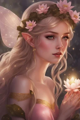 Pointed elven ears,Blonde hair ,Pink dress,Sparkling fairy wings,Very long golden hair,Fairy crown,pointed ears,elven ears,fairy wings,water lilies,sparkling,glittering,flowers,blossoms,golden crown,light pink dress