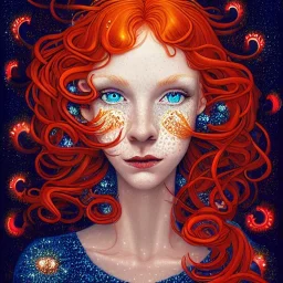 Cintia Dicker, her striking perfectly detailed clear eyes, her perfect, precisely detailed lightly freckled face, meticulously detailed long curly multi-hued ginger carrot-colored cherry red fiery hair, luminous colorful sparkles; by james r. eads, gawki, rajewel, tania rivilis, dan mumford, artgerm, greg rutkowski, alphonse mucha and william-adolphe bouguereau; glitter, airbrush, octane render, volumetric lighting, photorealistic digital painting, smooth, sharp focus