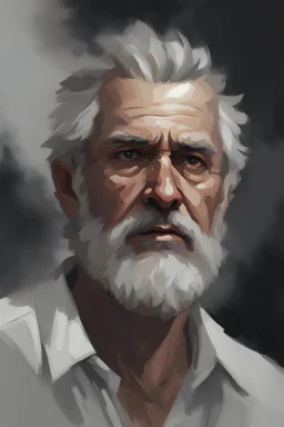 Oil portrait style. Dark palette. Waist-high. An old gray-haired man with short hair. HE IS WEARING ONLY A WHITE SHIRT. Goatee beard. Tired eyes. Witcher style.