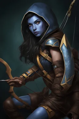 female, blue skin, yellow eyes, spider legs behind back, brown leather armor, holding bow, quiver of arrows, hood, black hair, hyper realistic