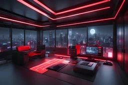 Japanese Office. Detailed. Rendered in Unity. Futuristic elements. Black and red lighting. Holograms. add a window wall. Add a couch. add a desk with pc. add a computer chair. city view from window