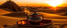 Oriental teapot heating on a campfire in the desert dunes at sunset