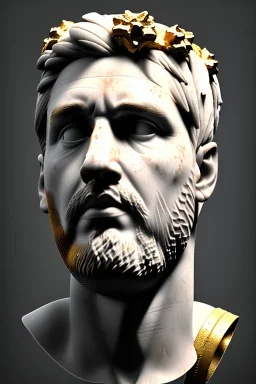 Ultra Realistic image, Roman sculpture bust, clean white marble material, Lionel Messi, gold thorns crown, renaissance ornaments, one gold star, blue sky background, cinematic lighting, god light, 4k resolution, smooth details, ornate details, soft lighting, unreal engine 5, art station, substance 3d, art concept.