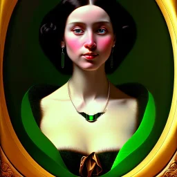 oil Portrait of a Black haired beautiful busty voluptous adult woman with emeralds necklace with big Green sad eyes looking to viewer by GRANT WOOD Ingres 8k