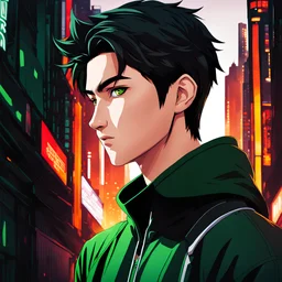 cartoon style,mysterious youthful Russan male, man, dark and intriguing, confident, intense, handsome, anime style, retroanime style, dark black very short hairs, dark brown eyes, smile, dark green hoody, white man, cyberpunk background