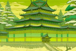 A pale greenish yellow flashing palace with defensive shields designed in Navajo woven art painted by Utagawa Hiroshige
