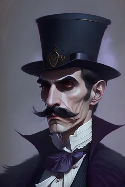 Strahd von Zarovich with a handlebar mustache wearing a top hat thinking deeply
