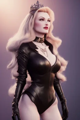 Veronica Lake as evil queen in black leather, busty, cleavage, curvy, angry, stern look. character design by cory loftis, fenghua zhong, ryohei hase, ismail inceoglu and ruan jia. unreal engine 5, artistic lighting, highly detailed, photorealistic, fantasy