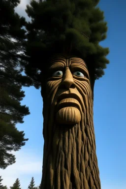 A tall pine tree with a human-like face that can talk