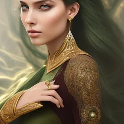 mystic woman with Châtain long hair, dark fantasy setting, ethereal, soft lighting, soft green-brown eyes