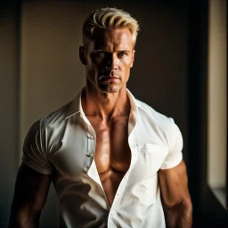 portrait of a 35 year old Handsome muscular male. tall with pale skin and short blond hair with five a clock shadow. wearing jeans and a white shirt