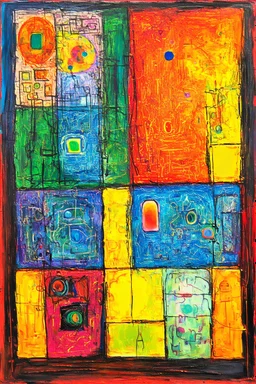 Energetic pairs of opposites; a painting with an admixture of Paul Klee and Hundertwasser